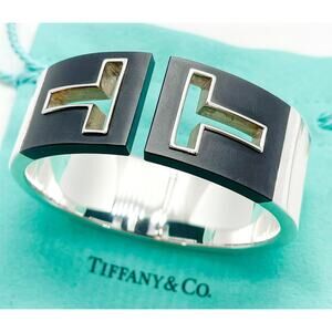 Tiffany & Co. Cutout T Square Hinged Cuff Bracelet Black Ceramic Silver 6"